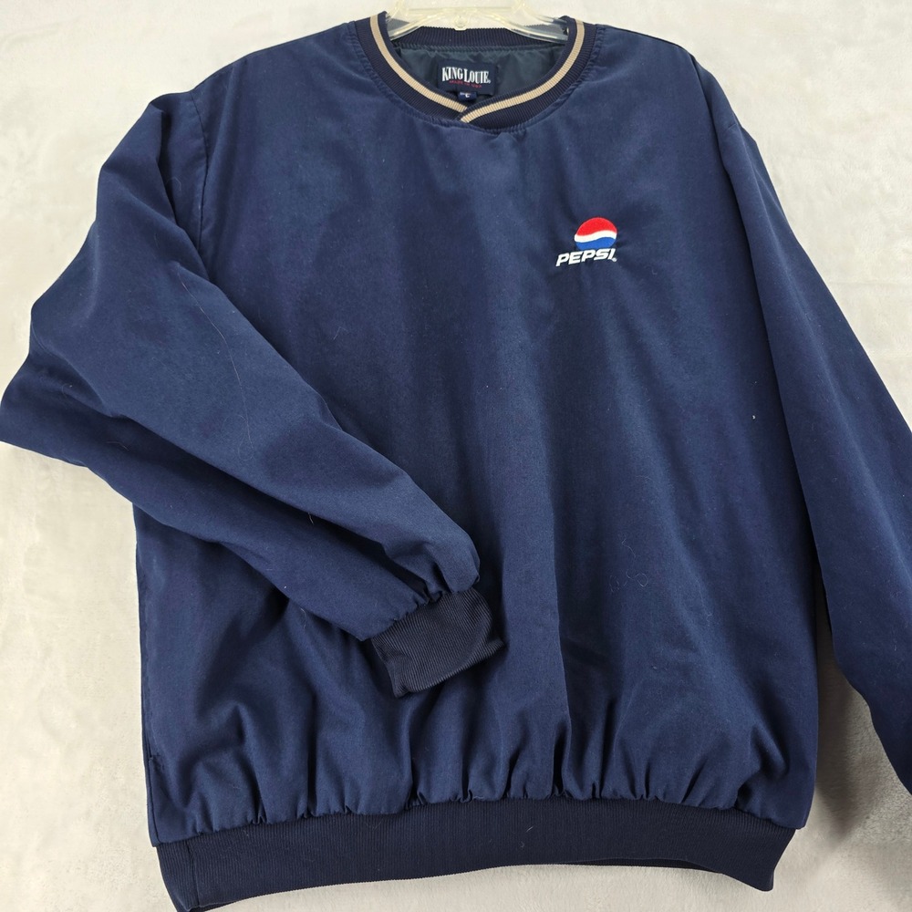 King Louie Pepsi Pullover Mens Large Windbreaker Navy Blue Vintage V-Neck Jacket